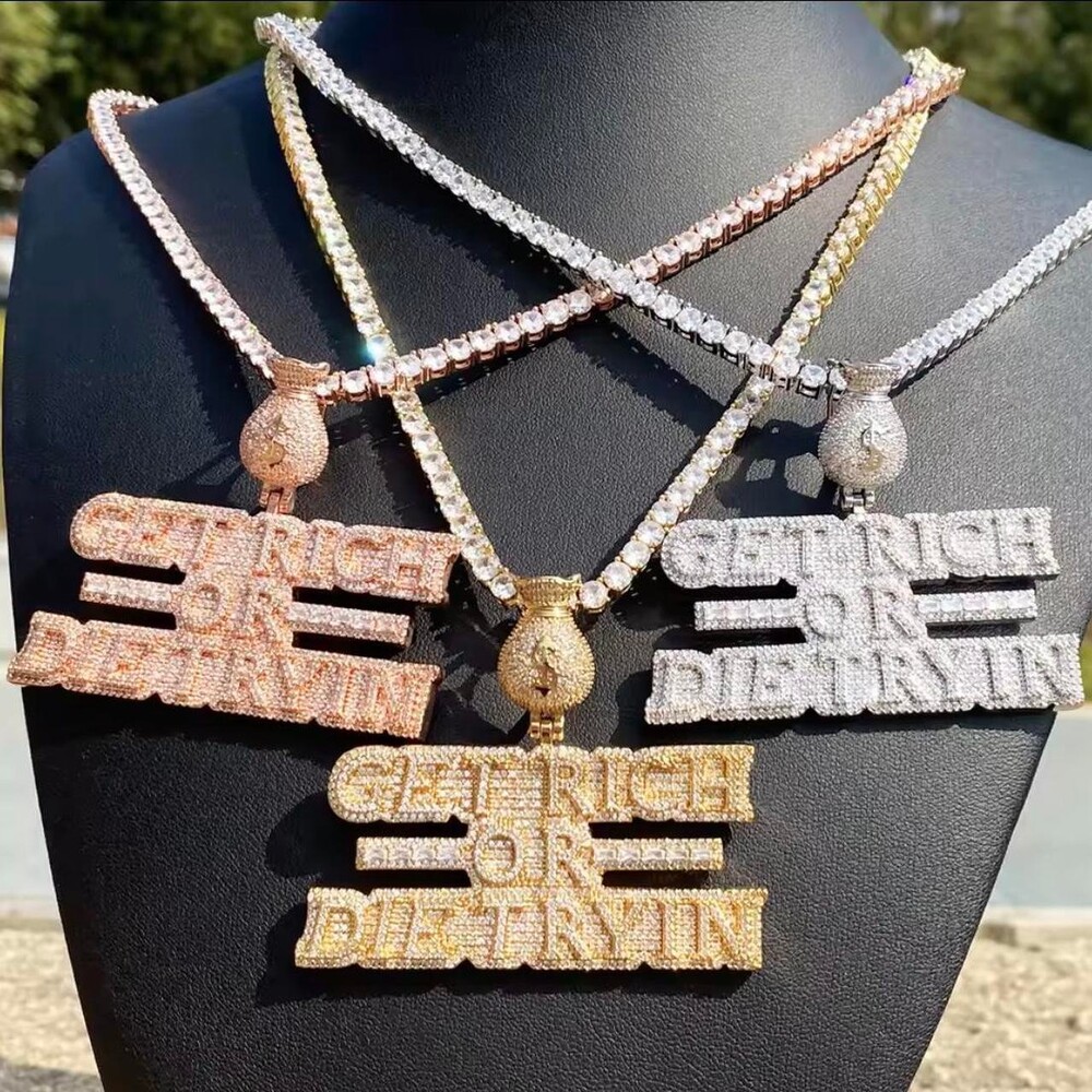 Silver Iced Out Get Rich Or Die Trying Pendant with 20 Inch Tennis Chain
